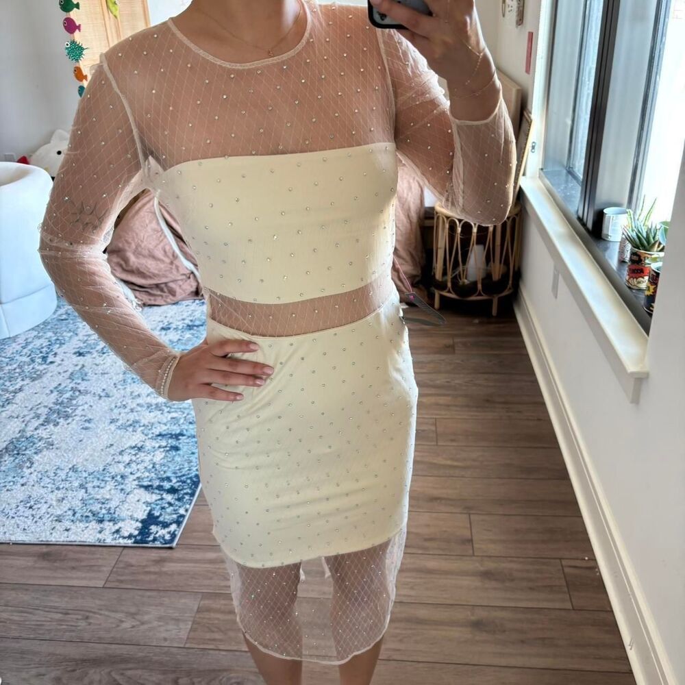 Bebe white cream sparkle mesh midi dress medium NEW